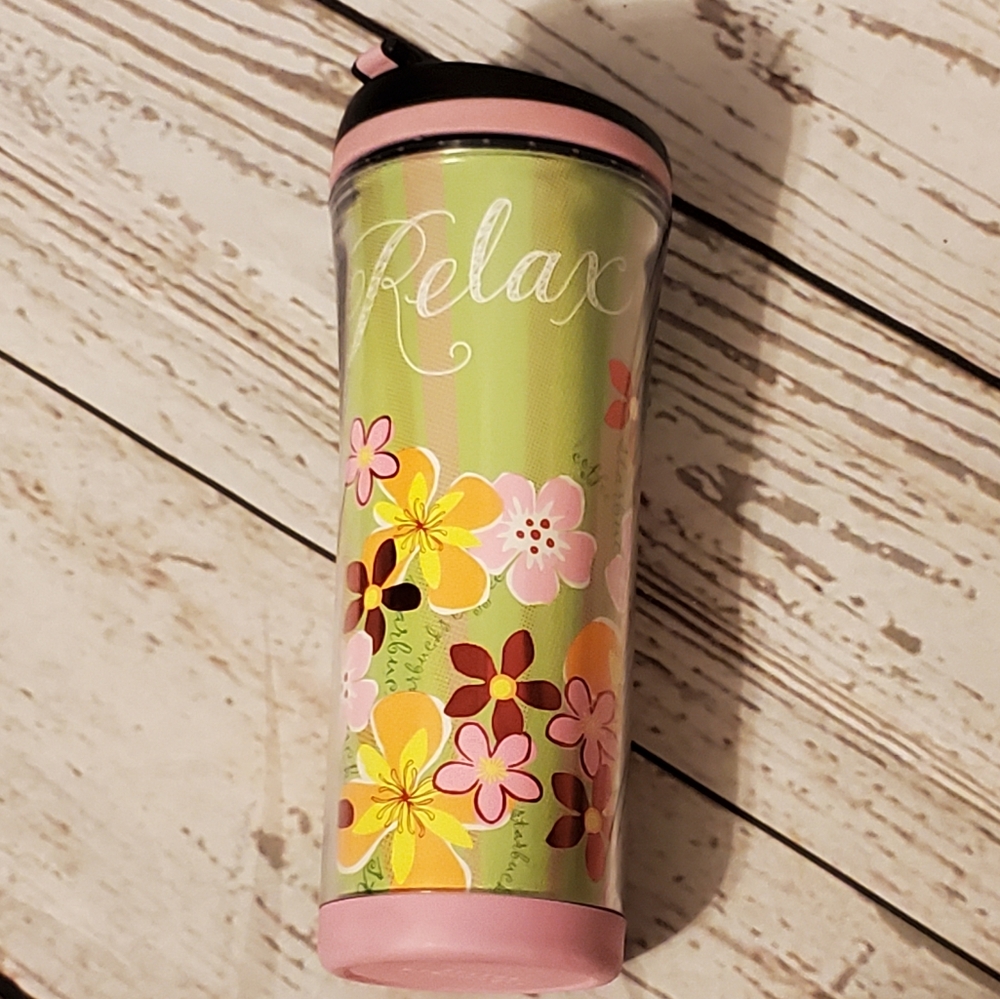 Starbucks 2007 spring tumbler Relax with flowers 16 oz. green, pink